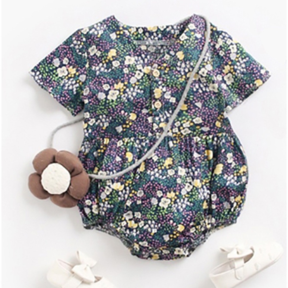 Baby Girls Navy Floral Print Short Sleeve Romper
